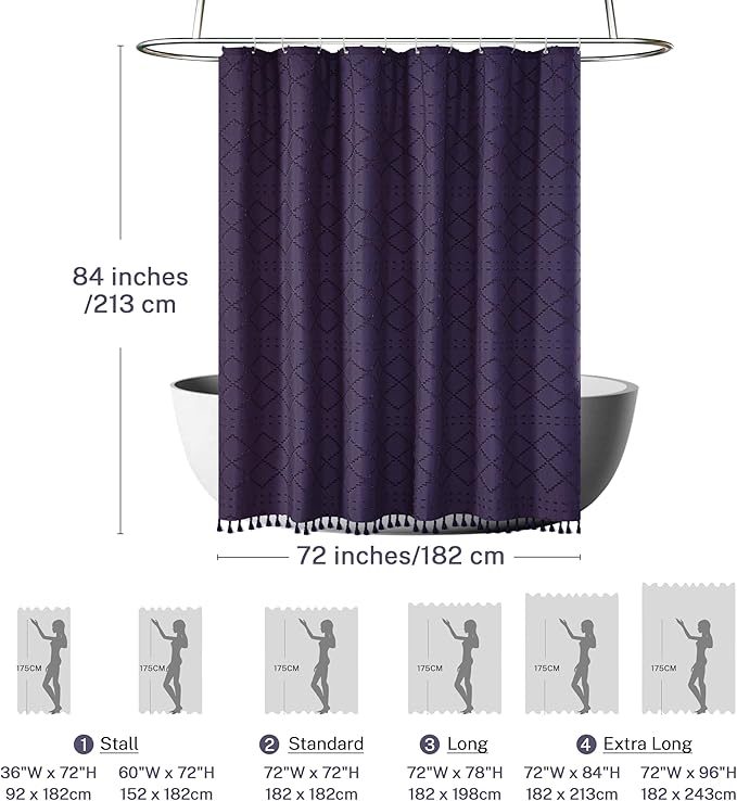 Boho Shower Curtain 84inch Dark Purple Woven Fabric Long Shower Curtain, Tufted Chevron Textured Striped 72" x 84" Modern Farmhouse Minimalist Cloth Shower Curtains for Bathroom