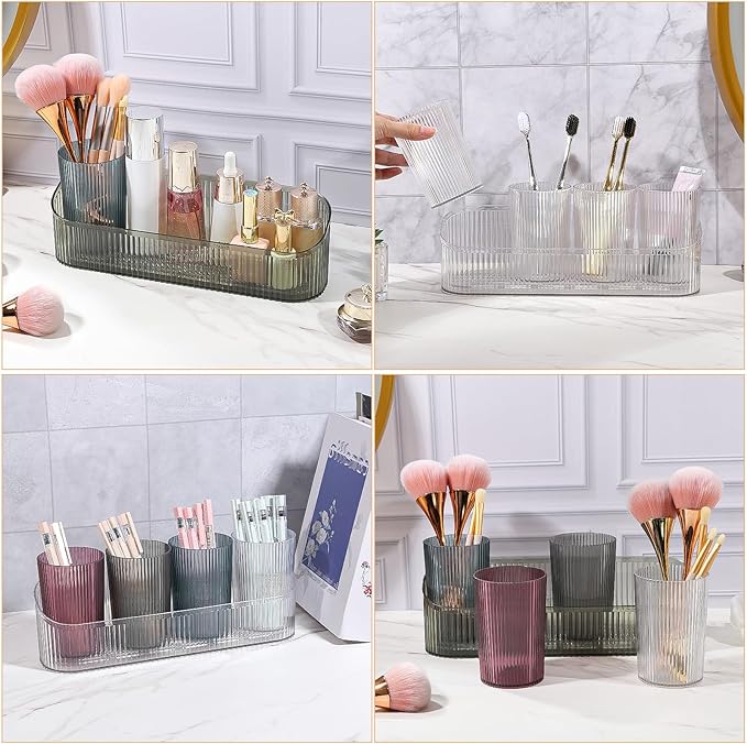 DASITON Makeup Brush Holder Organizer with 4 Cup, Vintage Striped Make Up Brush Holder for Vanity, Bathroom Toothbrush Holders, Acrylic Cosmetic Brushes Storage Organizer Pen Holder (Clear+Multicolor)