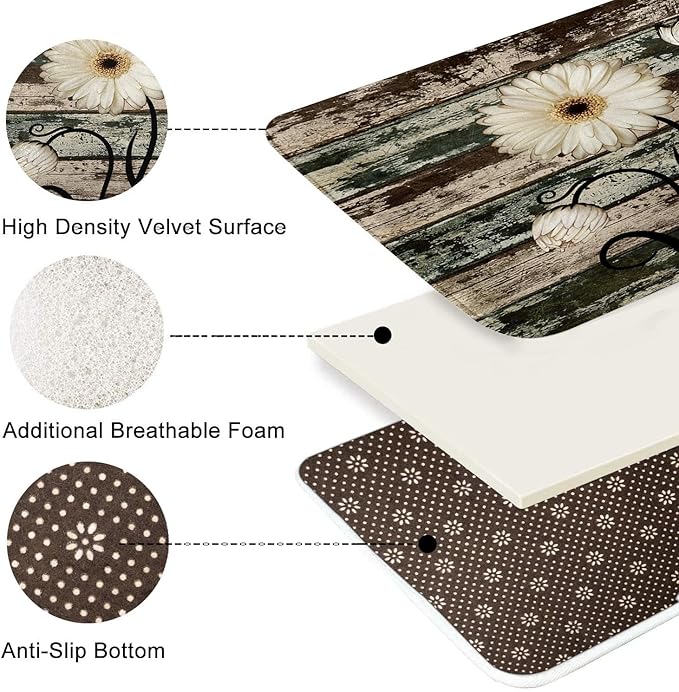 ArtSocket Vintage Flower Bathroom Set with Shower Curtain and Bath Rugs and Accessories,Daisy Wooden Non-Slip Shower Curtain Set,Bathroom Decor 3 Pcs