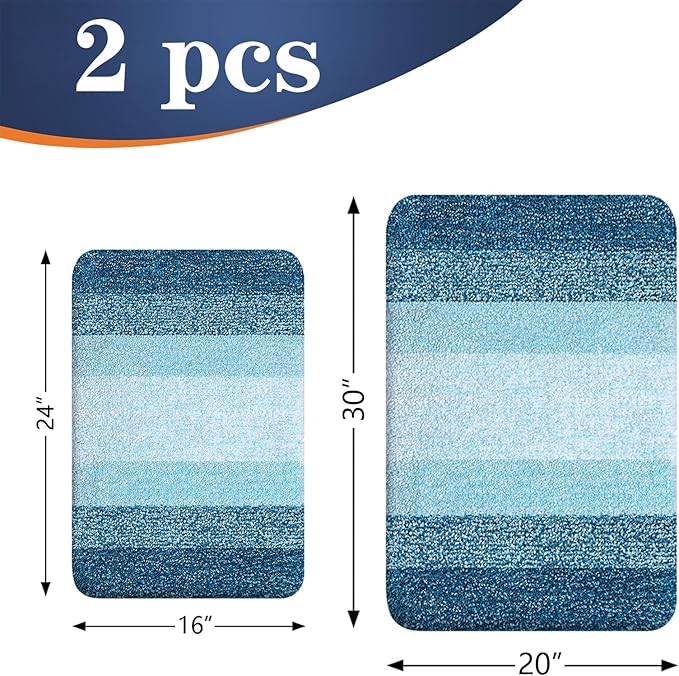 OLANLY Bathroom Rug Set 2 Piece, Soft Absorbent Microfiber Bath Rug Set, Non-Slip, Machine Wash Dry, Plush Shaggy Bath Mats for Bathroom (30"x20"+24"x16", Peacock Blue)