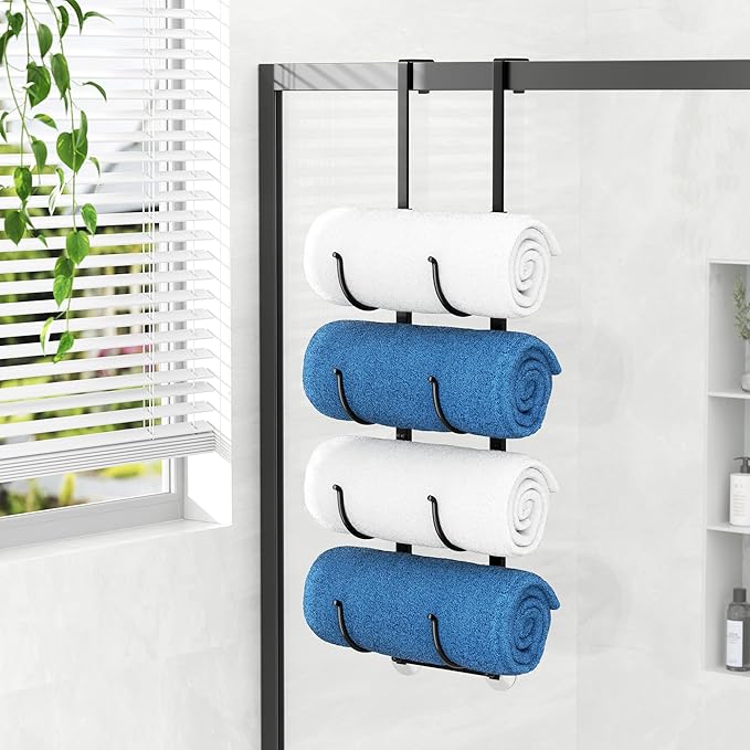 Over The Door Rolled Towel Rack for Bathroom: 4-Tier Hanging Towel Storage Holder, with Nosie-Free & Anti-Scratch Sponge-pad and Suction Cup, Hanging Organizer for Towels, Blankets, Large Bath