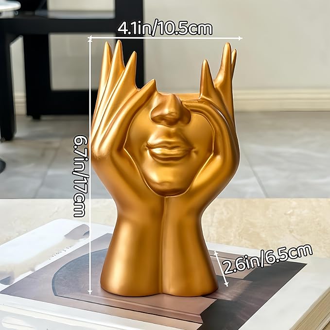 Make Up Brush Holder Organizer Face-Shaped Pen Holder Vase Organizer Abstract Art Face Hand Design Travel Cosmetic Holder | Makeup Organizer For Brushes (golden)