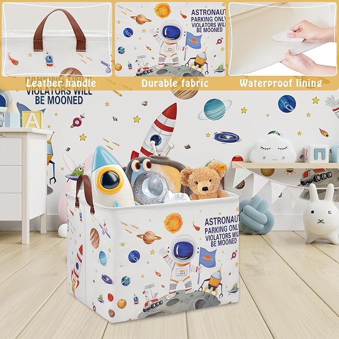 Outer Space Astronaut Nursery Basket with Inspirational Quotes ,Boy Planets Rocket Storage Bin for Baby Nursery Kids Bedroom Playroom Decor,Cute Shelf Basket Toy Box Bin (white)