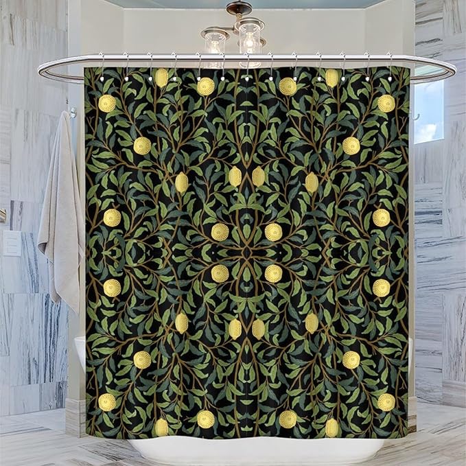 Vintage Botanical Shower Curtain William Morris Designs Green Jungle Fruit Print Shower Curtain Set Polyester Interior Waterproof Shower Curtain with 12 Hooks 72x72 Inches(183x183cm)