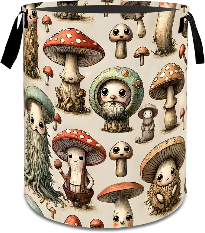 Whimsical Mushroom Laundry Basket,Dirty Clothes Hamper,Fantasy Forest Storage Bin,Nature Lovers Gifts,Waterproof Oxford Cloth Baskets for Bathroom,Bedroom,Home Decoration(19.7" x 15.8")