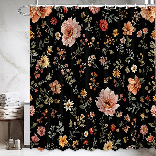 Black Floral Shower Curtain，Cute Dark Wildflower Rustic Flower Blossom Farmhouse Leaves Botanical Cloth Fabric ，Waterproof Polyester Bathroom Home Decor Set with 12 Hooks，72 x 72 Inch