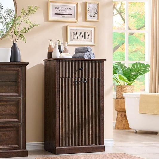IFBUY Modern Tilt Out Laundry Hamper Cabinet, 10 Gallon Fluted Trash Can Cabinet with Drawer, Wooden Hidden Garbage Can Cabinets with Laundry Basket, Free Standing for Bathroom and Kitchen, Brown