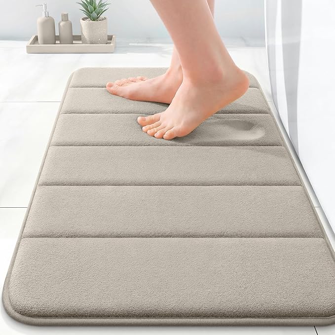 OLANLY Memory Foam Bath Mat 24x16, Super Soft Absorbent Bathroom Rugs, Quick Dry, Machine Washable Shower Floor Rugs, Bathmat Carpet, Bathroom Home Decor Accessories, Warm Taupe