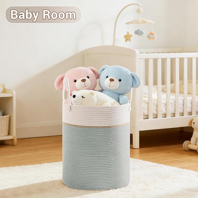 Tall Laundry Basket with Handles, 53L Portable Dirty Clothes Hamper, Boho Cotton Rope Storage Bin for Blankets Kids Toys Gifts, Decorative Organizer for Nursery Bedroom Bathroom, Sage Green
