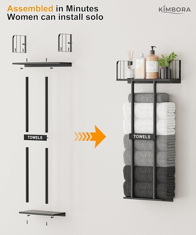 KIMBORA Towel Racks for Bathroom with Top Towel Shelf Hold 8 Large Rolled Towels, 36" Wall Mounted Bathroom Towel Storage Organizer for Small Bathroom, Camper, Rv (Black)