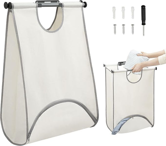 STORAGE MANIAC Wall Mount Laundry Hamper, Hanging Laundry Bag with Bottom Zipper Opening, Space Saver Dirty Clothes Hamper with Wall Anchor, Laundry Clothes Bin for College, Dorm, RV, White