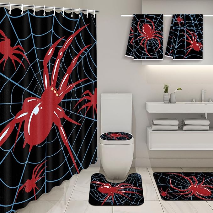 Nuanchu 6 Pcs Spider Shower Curtain Set with Rug Bathroom Sets with Shower Curtain Bath Mat U Shaped Mat Toilet Lid Cover 2 Bath Towels and 12 Hooks Spider Bathroom Decor