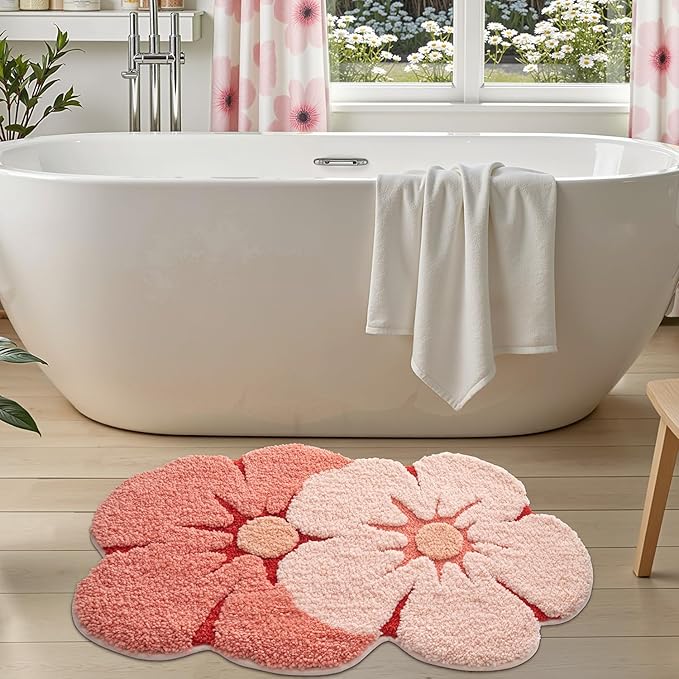 LUMI Flower Bath Rug, Funny Floral Bath Mat, Soft Plush Fluffy Red Rug, Absorbent, Non-Slip for Bathroom, Kitchen Sink, Bedroom, Kid's Bedroom, and Living Room, 24"x36", Bliss Pink