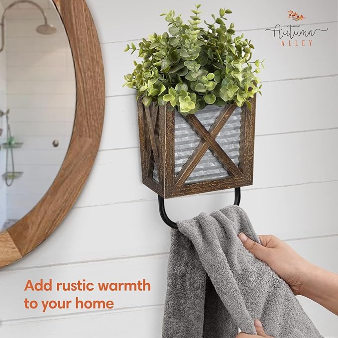 Autumn Alley Farmhouse Decor Rustic Hand Towel Holder - Farmhouse Towel For Bathroom Wall, For Kitchen Wall With Wooden Storage Add Charm to Your Rustic Bathroom Hand Towel Rack and Shelf Decor, Brown
