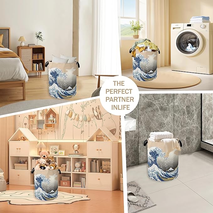 Laundry Hamper,Vintage Sea Wave Laundry Basket,Japanese Portable Collapsible Laundry Room Organization Storage for Dorm Room,Nursery,Bathroom,Bedroom,16x20 Inch