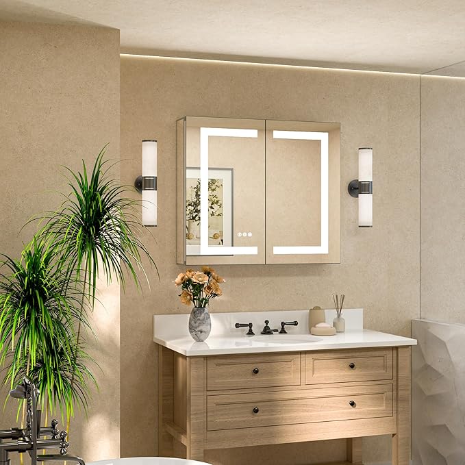 TETOTE LED Lighted Medicine Cabinet with Lights 30 x 26 Recessed or Surface Mount Cabinet Mirror for Bathroom Wall, 2 Door Tempered Glass Led Vanity Cabinet, Outlets & USB, 3-Color Dimming, Anti-Fog