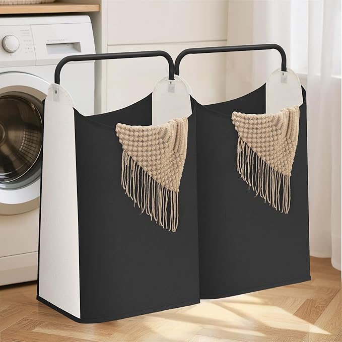 STORAGE MANIAC 2 Pack Large Laundry Hamper with Sturdy Metal Handle, Collapsible Laundry Basket, Freestanding Waterproof Clothes Hamper for Laundry Room, Bedroom, Dorm, Towels, Toys, Black & White