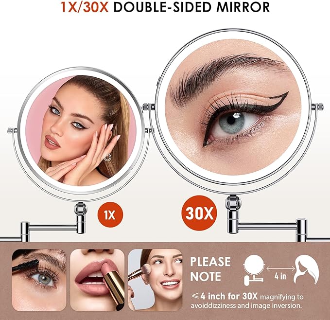 ZLOKLA 9" Wall Mounted Lighted Makeup Mirror,4000mAh Rechargeable Double Sided 1X/30X Magnifying Mirror with Light,Touch Dimmable,Extended Arm 360 Rotation Wall Mounted Makeup Mirror 3 Color Lights-C