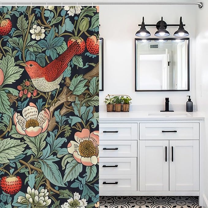 William Morris Shower Curtain,Original Design Strawberry Thief Green Flower Birds Pattern Print Shower Curtains Sets Polyester Waterproof Fabric Decor Bathroom Curtain 72"×72" Inch With 12 Hooks