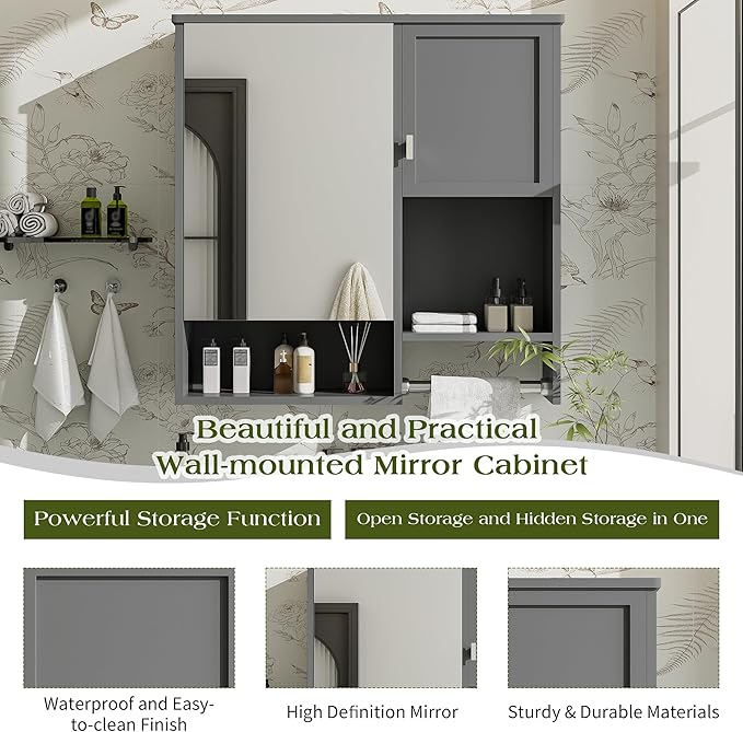 Merax Medicine Cabinet for Bathroom, Wall Mount Bathroom Cabinet with Mirror, Open Shelf, and Towel Bar, 29.5" W x 28.7" H Over The Toilet Mirrored Bath Wall Cabinet