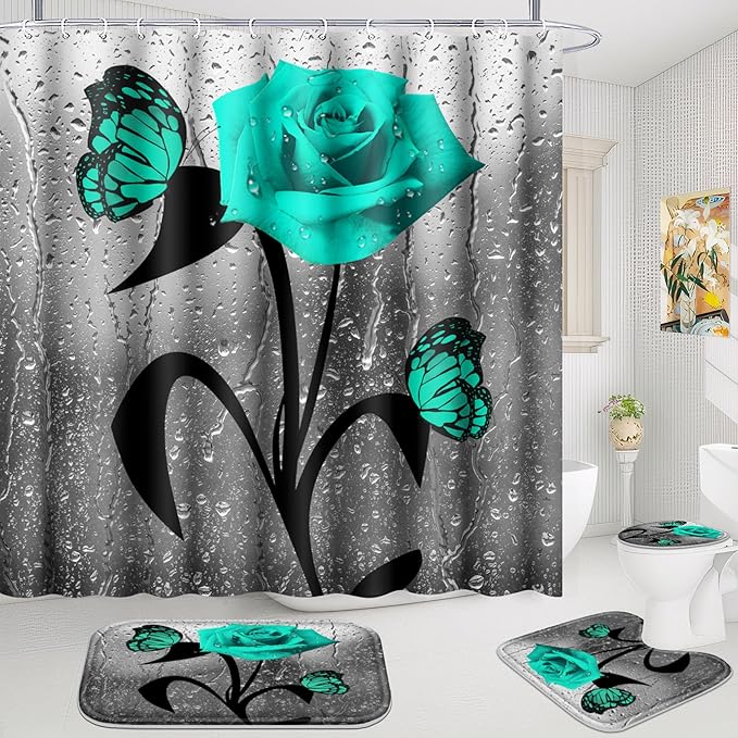 Poedist 4 Pcs Bathroom Shower Curtain Set,Green Rose Bathroom Set, Shower Curtain Sets with Rugs(Bath Mat,U Shape and Toilet Lid Cover Mat) and 12 Hooks