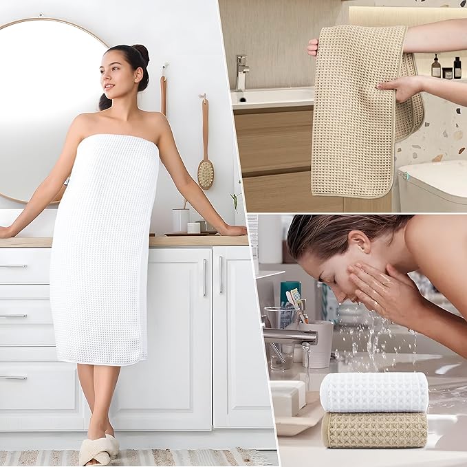 POLYTE 430 GSM Microfiber Quick Dry Lint Free Oversize Bath Towel Set, 6 Piece (Waffle Weave)