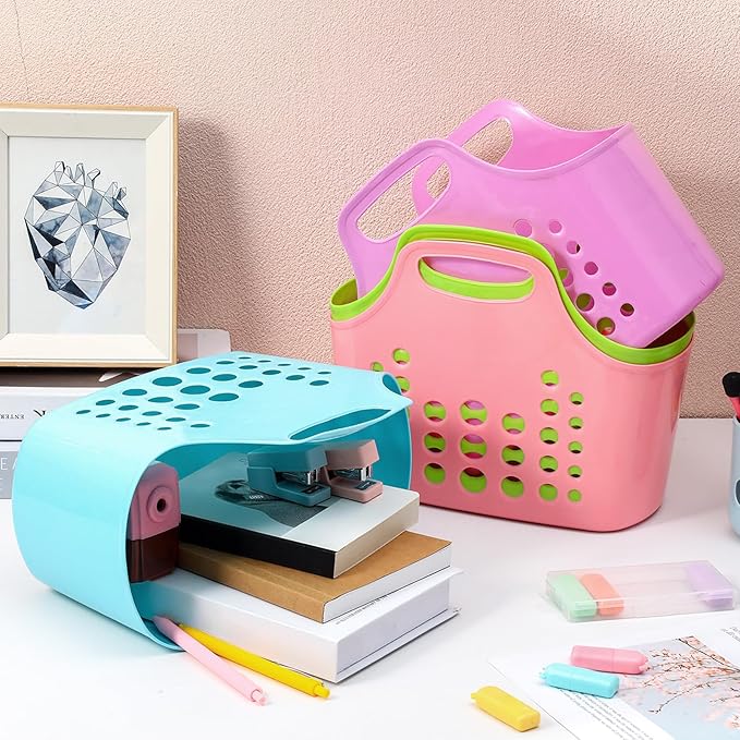 Nuogo 20 Pack Plastic Baskets with Handles Portable Shower Caddy Storage Baskets Assorted Multicolor Reusable Caddy tote Organizer Bin for Bathroom Dorm Communal Showers Kitchen, 10.6" x 6" x 10"