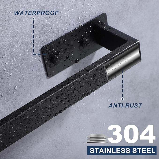 LANC Matte Black Bath Towel Bars 16-Inch, Self Adhesive Towel Bar for Bathroom Wall Mounted and No Drilling Towel Rack, Sticky on Kitchen Hand Towel Holder 304 Stainless Steel, A8310MB-L4