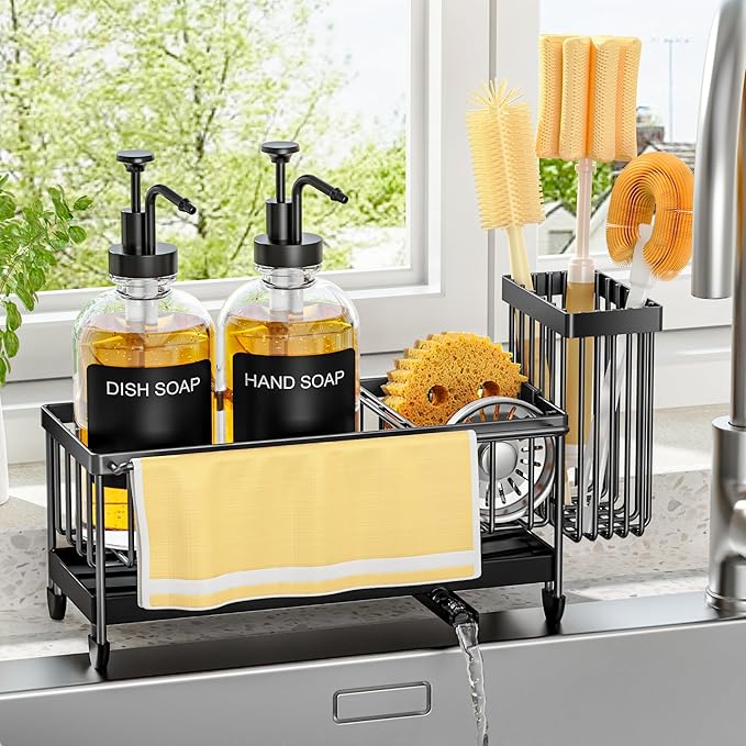 Kitchen Soap Dispenser Set with Sponge Holder and Towel Rack, 17OZ Glass Bottle, Hand and Dish Soap Dispenser Set, Non-Slip Silicone Pad, Brush Holder, Kitchen Sink Caddy Organizer Countertop