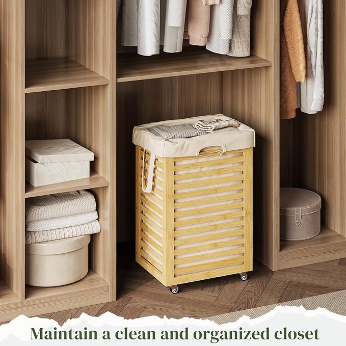 Laundry Hamper with Wheels, Laundry Basket with Liner, 85L Large bamboo wood Laundry Clothes Laundry Hamper, Liner with Handles, Dirty Clothes Storage Cart For Laundry Room, Dorm, Bedroom(Natural)