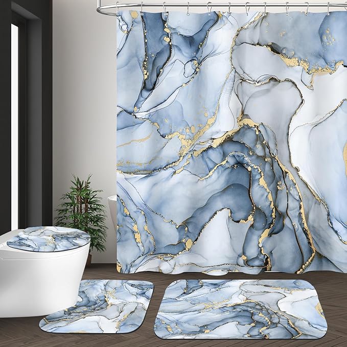 4PCS Light Blue Gold Marble Shower Curtain Sets with Rugs, Abstract Luxury Bathroom Sets with Shower Curtain and Rugs, Gold Bathroom Curtains Shower Set with Toilet Lid Cover