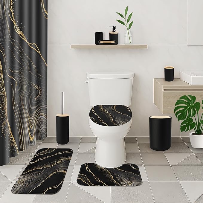 Marble Black Bathroom Decor and Accessories Set, Shower Curtain and Rug Set with Trash Can, Soap Dispenser, Soap Dish, Toothbrush Holder, Toothbrush Cup, Toilet Brush
