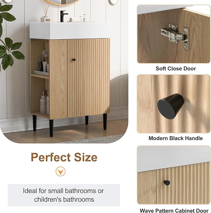Virubi 21.6 in Small Bathroom Vanity with Sink,Doors and Storage Shelves,Wood Modern Single Fluted Bathroom Sink Cabinet Freestanding (Natural Wood,Left Shelf)