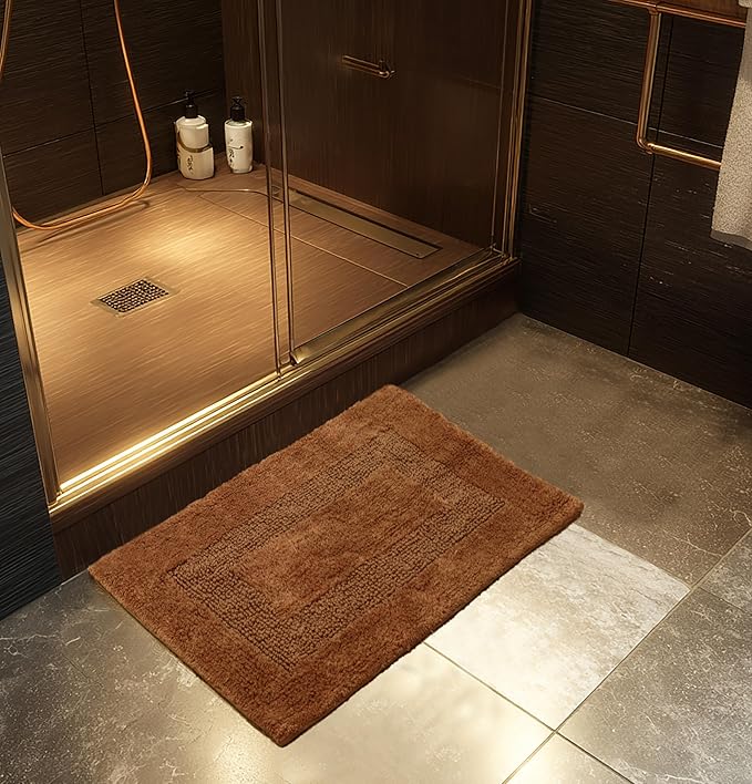 COTTON CRAFT Luxurious Bathmat Rug - Set of 2 Reversible Heavyweight Step Out Bath Mats for Bathroom Floor, Tub and Shower - Pure Cotton Soft Plush Absorbent Tufted Racetrack Mat - 17x24 - Mocha