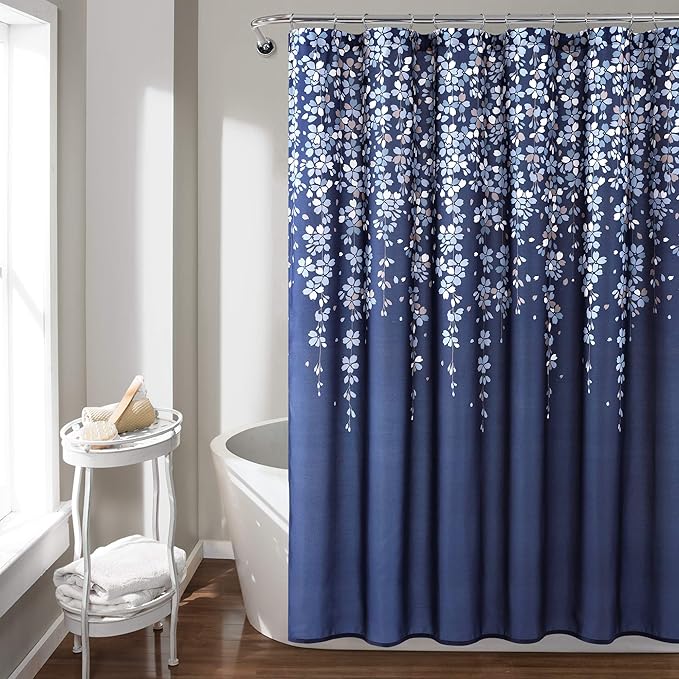 Lush Decor Weeping Flower Shower Curtain 72"W x 72"L Navy - Fabric Shower Curtains for Bathroom - Floral Bathroom Curtain - Cottage Core Decor
