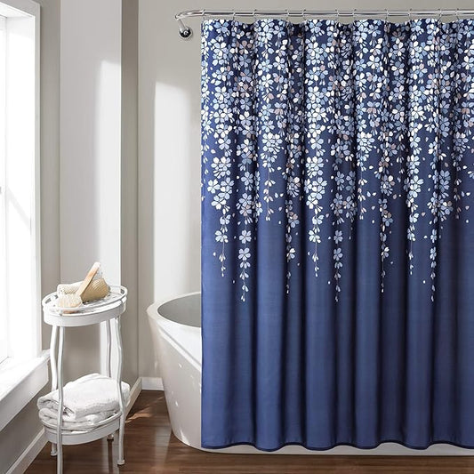 Lush Decor Weeping Flower Shower Curtain 72"W x 72"L Navy - Fabric Shower Curtains for Bathroom - Floral Bathroom Curtain - Cottage Core Decor