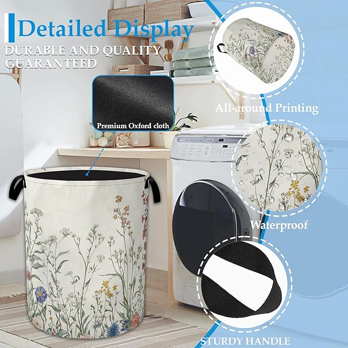Vintage Floral Laundry Basket Collapsible Laundry Hamper with Handle, Oxford Clothes Toy Storage Bin for Bathroom Bedroom Room Decor, Gift Basket 16" X 20.8"
