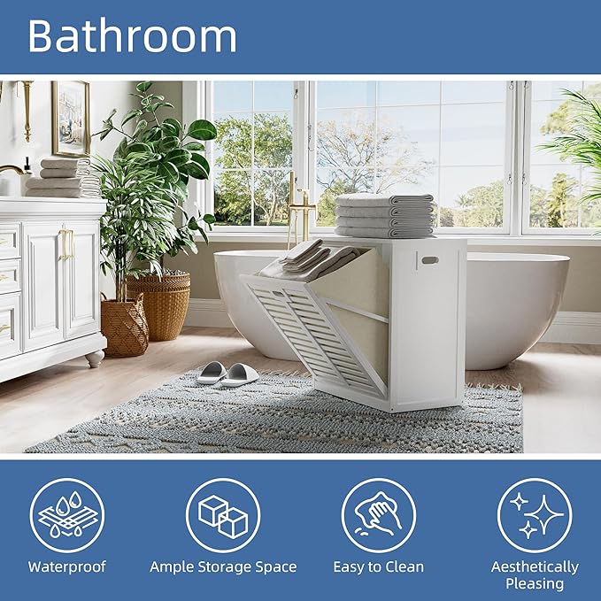 HITNET Tilt Out Laundry Hamper Cabinet, Bathroom Laundry Cabinet with 20 Gallon Clothes Basket, Space Saving Freestanding Bamboo Storage Organizer for Towels and Toys, White