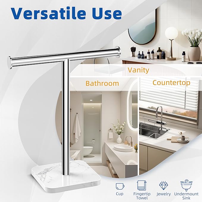 RUACQ Hand Towel Holder, T-Shape Free Standing Hand Towel Holder Stand with Marble Base, 304 Stainless Steel Hand Towel Stand for Bathroom Kitchen Vanity Countertop(Chrome)