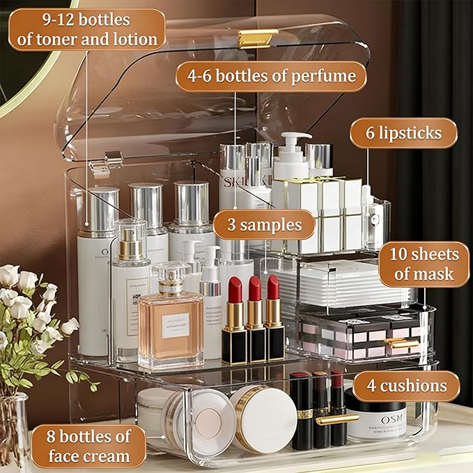 Luxury Makeup Organizer with 3 Drawers & Dustproof Flip Lid, Large Capacity Cosmetic Display Case for Vanity, Clear Countertop Skincare Storage with 6 Lipstick Slots
