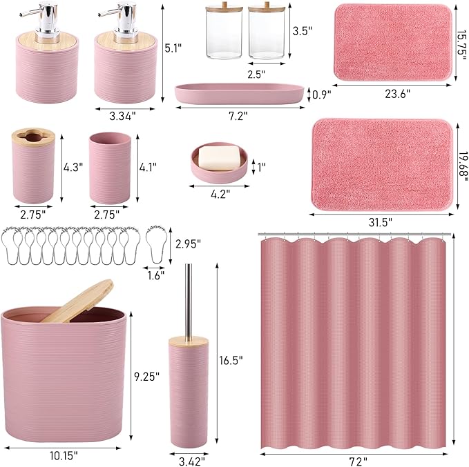 XLHOMO Bathroom Set - Pink Bathroom Accessories Set, Bathroom Sets with Shower Curtain and Rugs, 25PC Shower Curtain Set with Hooks, Soap Dispenser, Soap Dish, Toilet Brush Holder and Trash Can