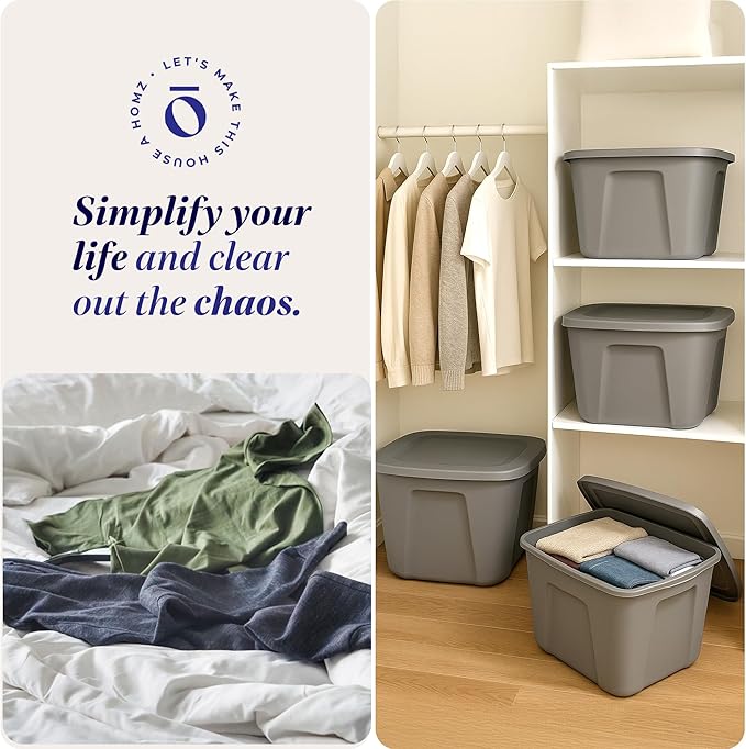 HOMZ 8-Pack Durable Molded Bin, Plastic Storage Containers w/Lids, 18 Gallon, Gray - Stackable Organizer Totes and Boxes for Bedroom, Kitchen, and Garage Organization