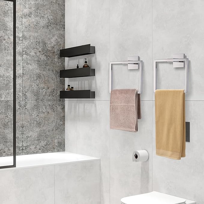 LANC Hand Towel Holder for Bathroom Wall Mount Chrome Silver 2-Piece Square Hand Towel Rings for Bath Kitchen Toilet SUS304 Stainless Steel Contemporary Style Shower Towel Towel Rack, A8896CP-P2