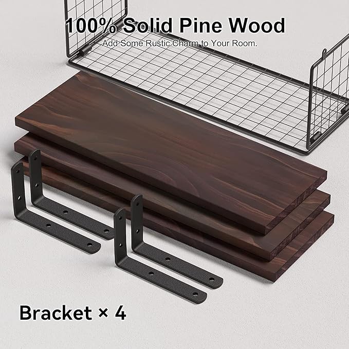 Bathroom Shelves Over Toilet, Set of 3 Wall Mounted Floating Shelves with Storage Basket Rustic Wood Shelf for Home Organization, Wall Decor for Bathroom, Kitchen, Living Room. (Brown)