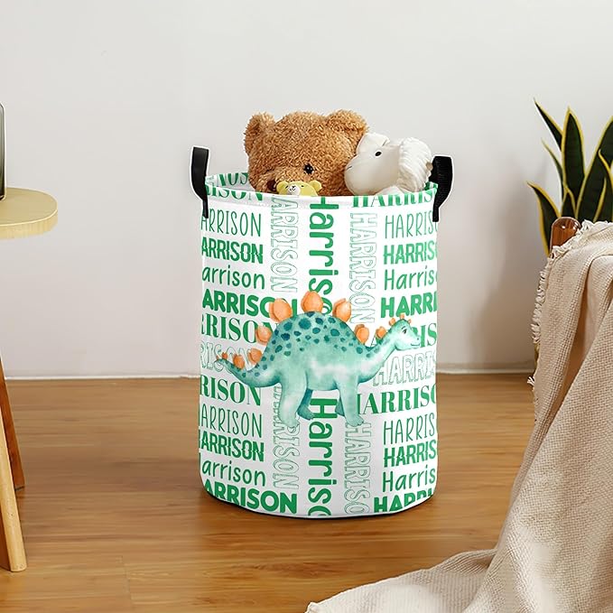Large Custom Name Laundry Hamper, Dinosaur Personalized Dirty Clothes Hamper Storage Basket with Name for Bathroom Bedrooms, Customized Name Circular Hamper with Handles for Baby Boys Girls Men Women