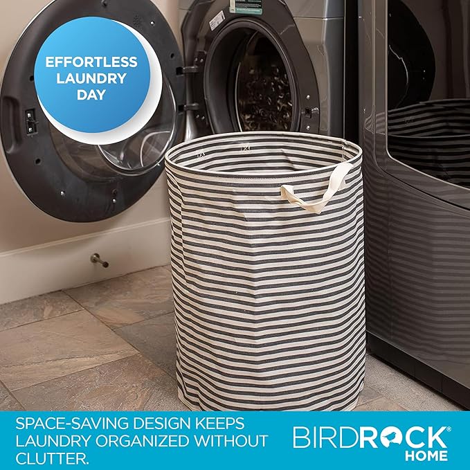 BIRDROCK HOME Collapsible Single Round Laundry Hamper Basket - Grey & White Stripes Bin - Compact Dirty Clothes Organizer Bag