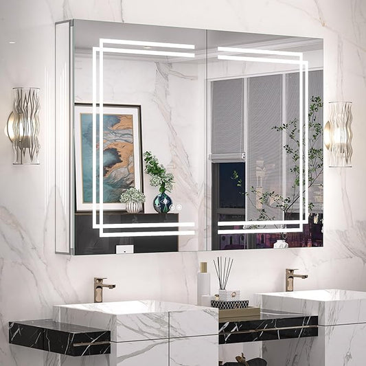 Keonjinn 40 x 32 Inch Large Medicine Cabinet with Lights, LED Lighted Medicine Cabinet Mirror for Bathroom, No Outlets, Tempered Glass, UL-Listed, Dimmable, 3 Color Lights, Anti-Fog, Wall Mount Only