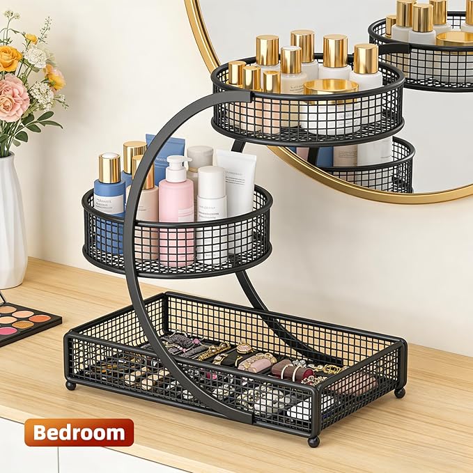 3 Tier Spiral Bathroom Countertop Organizer Shelf, Multi-Purpose Metal Makeup Storage Rack for Cosmetics, Toiletries, Spices, Ideal for Bathroom, Kitchen, Bedroom, Office, No Assembly Required- Black