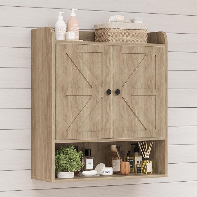 EasyCom 22" W x 26" H Bathroom Wall Cabinet, Farmhouse Medicine Cabinet with Adjustable Shelves and 2 Barn Doors, Over The Toilet Storage Cabinet for Bathroom, Kitchen, Living Room, Oak Grey