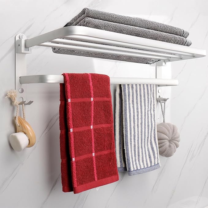 TocTen Towel Rack for Bathroom, Foldable Towel Holder with Double Towel Bars, Wall Mounted SUS304 Stainless Steel Bathroom Tower Shelf, Space-Saving Towel Hanger for Bathroom, Lavatory (Silver,24 in)